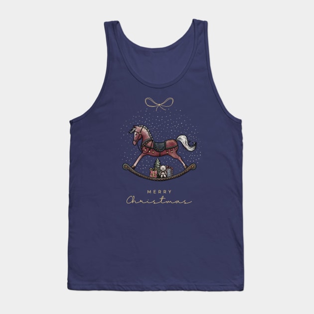 Merry Christmas lettering with Rocking Horse illustration, cute bear, gifts and Christmas tree on a blue snow background. Tank Top by ChrisiMM